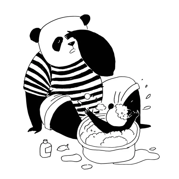Far panda i svart och vit t-shirt som badar i bassängen hans — Stock vektor