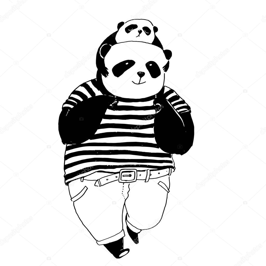 Father panda in black and white t-shirt going far a walk with hi