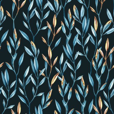 Koyu renk sırtında mavi ve altın dalların kusursuz desenleri.