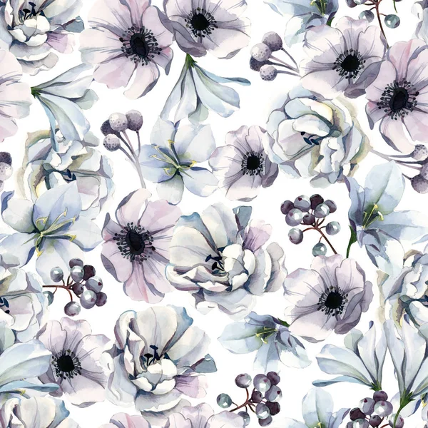 Υδατογραφία αδιάλειπτη μοτίβο των λευκών λουλουδιών και μπλε μούρα για — Φωτογραφία Αρχείου