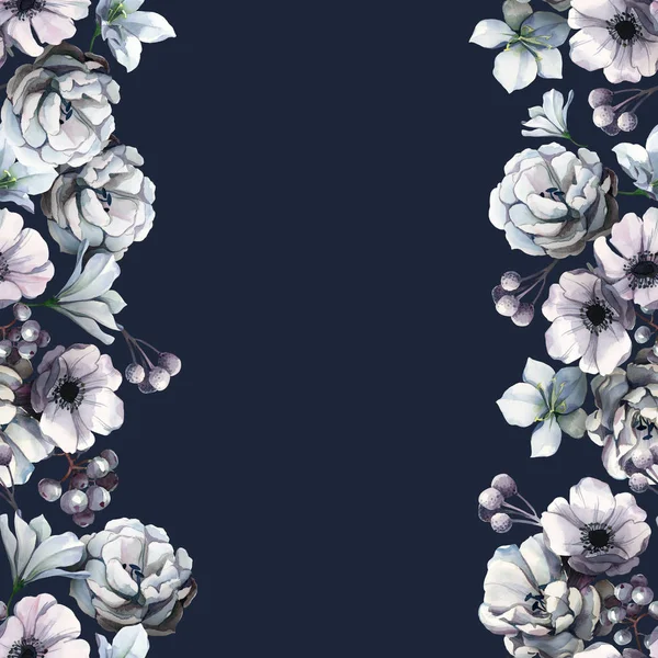 Beyaz çiçekler ve mavi bereden suluboya kusursuz sınır deseni — Stok fotoğraf
