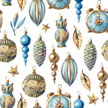 Mavi ve altın renkli suluboya Noel ağacı oyuncağı.,