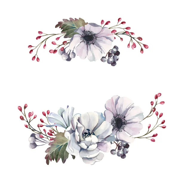Акварельний букет з білих квітів, червоних і синіх ягід ізола — стокове фото
