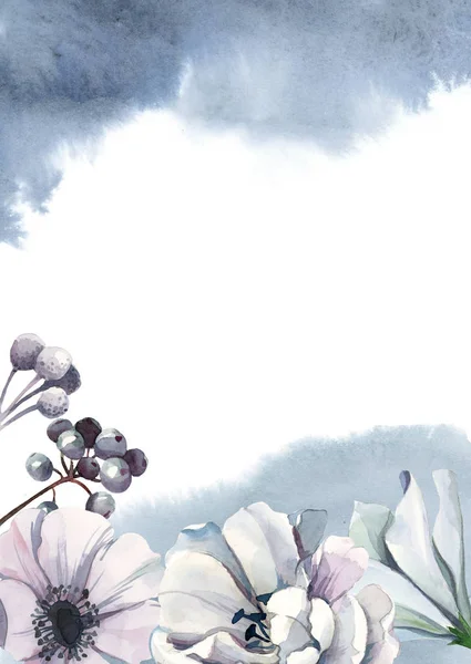 Watercolor white flowers with blue berry and paint gray splash o — 스톡 사진