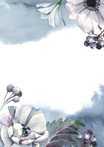 Watercolor white flowers with blue berry and paint gray splash o — 스톡 사진