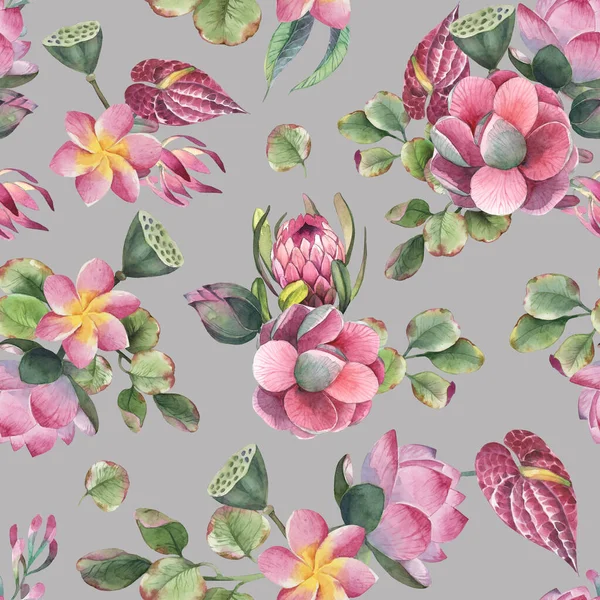水彩のシームレスなパターン 緑の葉のピンクと灰色の背景に赤い熱帯の花の花束 壁紙や生地のための花の要素 — ストック写真