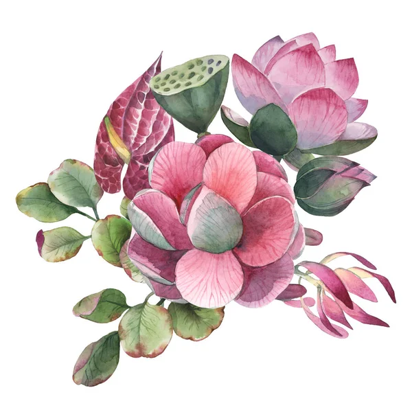 Bouquet Acquerello Foglie Verdi Fiori Tropicali Rosa Rosso Isolano Sfondo — Foto Stock
