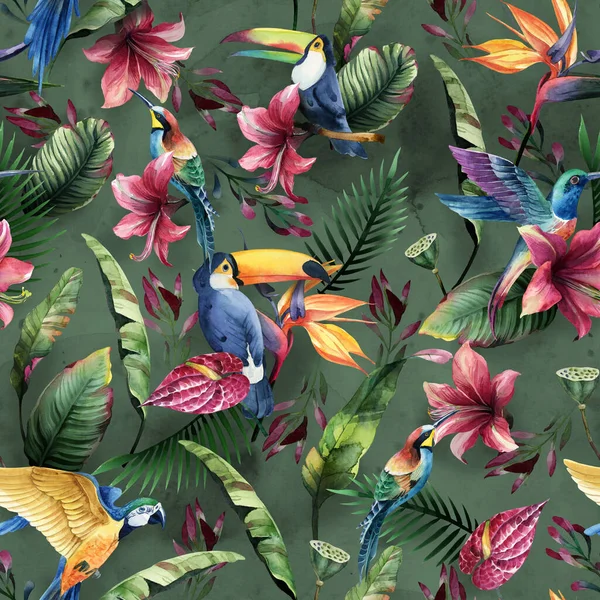 Aquarelle Motif Sans Couture Oiseaux Tropicaux Toucan Perroquet Avec Des — Photo