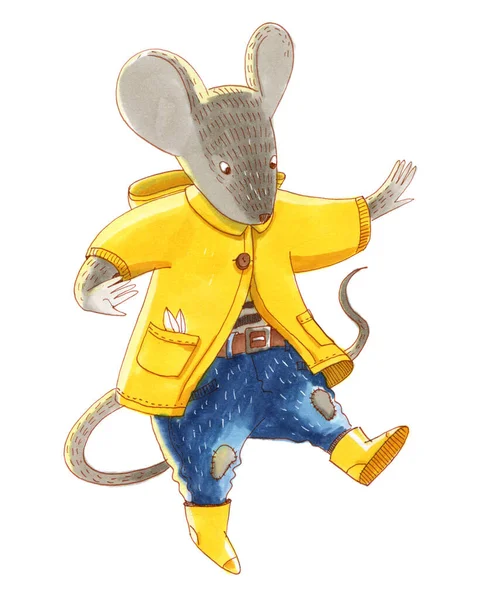 Digitální Malba Bílém Pozadí Myš Žlutém Kabátě Modrých Botách Přeskočí — Stock fotografie