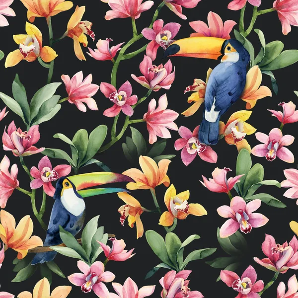 Motif Sans Couture Aquarelle Oiseaux Tropicaux Toucan Avec Des Fleurs — Photo