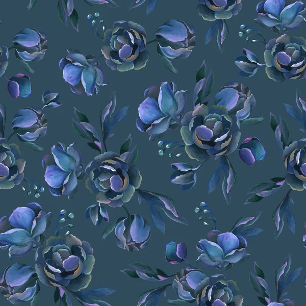 Dibujo Óleo Acrílico Patrón Sin Costuras Flores Hojas Azules Sobre —  Fotos de Stock