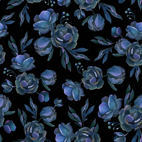 Oil Acrylic Drawing Seamless Pattern Grey Blue Flowers Leaf Black — Stock Photo, Image