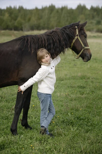 Petite fille heureuse dans un pull blanc debout et étreignant le cheval chaude journée d'automne. Portrait de style de vie — Photo