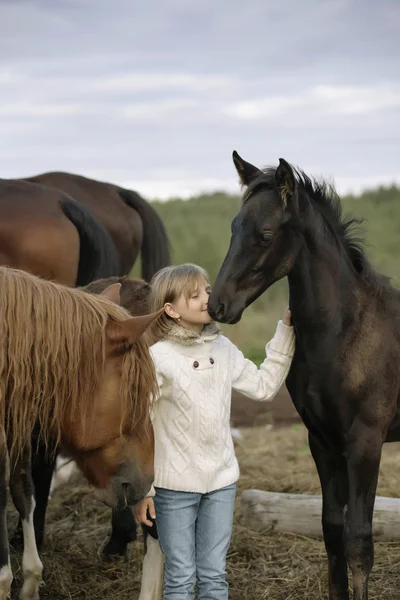 Маленькая счастливая девушка, стоящая среди лошадей и жеребцов в белых джинсах в свитере. Портрет в стиле жизни — стоковое фото