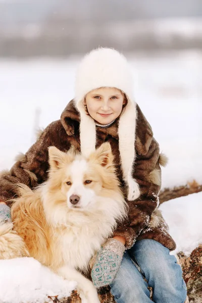 Hermosa joven con un abrigo de piel sentado en los troncos en el invierno y poner una mano en un perro rojo y blanco — Foto de Stock