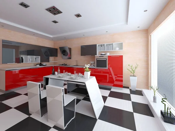 Modern red kitchen. — Stock Photo, Image