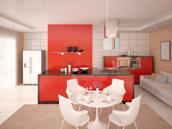 Moderna cocina roja con muebles funcionales . — Foto de Stock