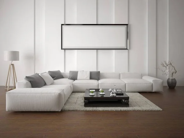 Simular cartel amplia sala de estar con un sofá de esquina . —  Fotos de Stock