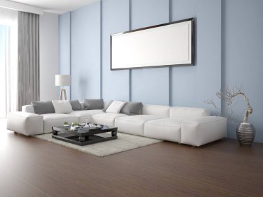 Poster boş çerçeve mavi bir arka plan üzerinde yukarı alay.