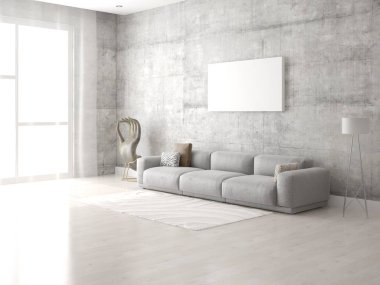 Moda oturma odasında posteri boş çerçeve yukarı alay.