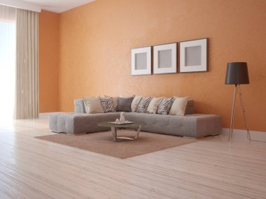 Şık köşe kanepe üzerinde boş bir çerçeve yukarı alay.