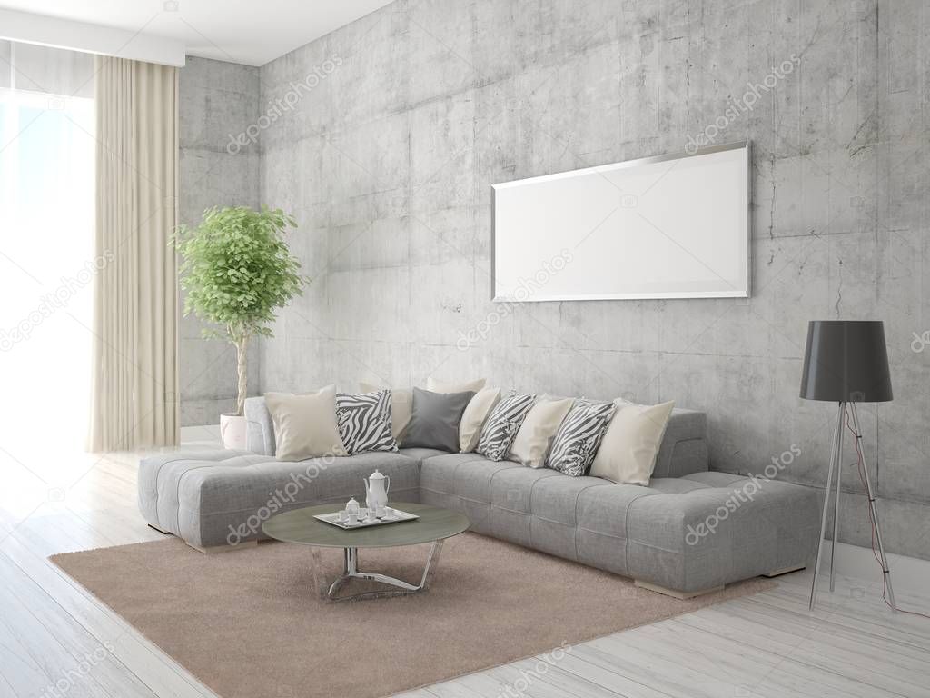 Interer mock up with a stylish corner sofa.
