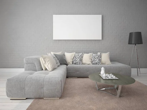 Mock op en moderne stue med en stilfuld sofa . - Stock-foto