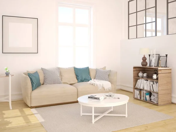 Mock up uma sala de estar brilhante em estilo escandinavo . — Fotografia de Stock