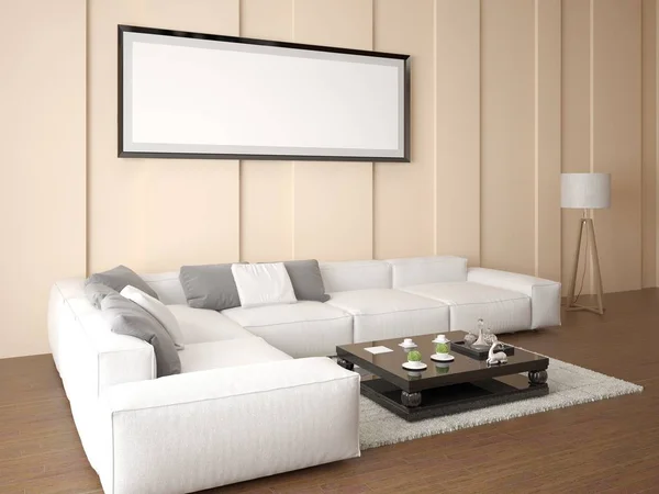 Prepara un marco vacío en una sala de estar luminosa con un elegante sofá de esquina . —  Fotos de Stock