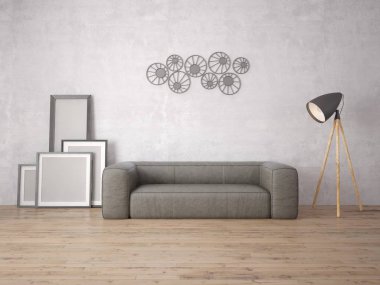  Poster boş çerçeveler ve rahat bir kanepe ile alay.