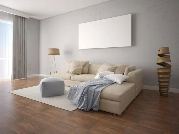 Сучасна світла вітальня зі стильним кутовим диваном . — стокове фото
