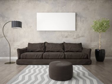 Kahverengi kanepe ile modern bir oturma odası kadar alay.