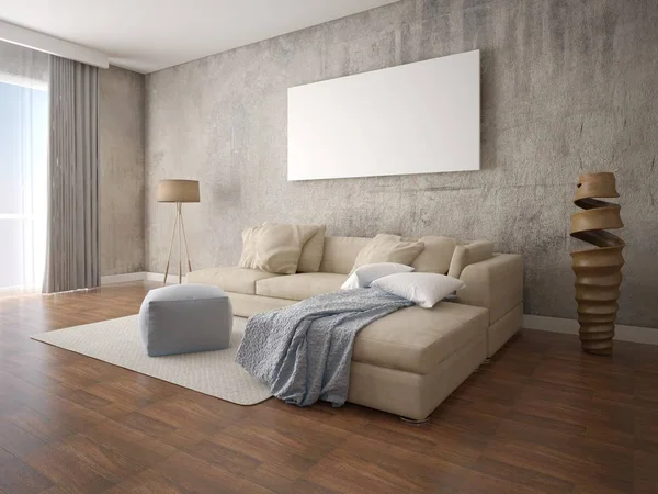 Simular moderna acogedora sala de estar con sofá de esquina beige . —  Fotos de Stock