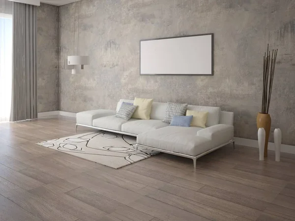 Vysmívat se stylovou obývací pokoj s rohovou pohovkou. — Stock fotografie