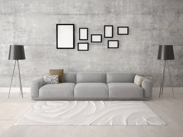 Falsificare un confortevole soggiorno con un divano elegante . — Foto Stock