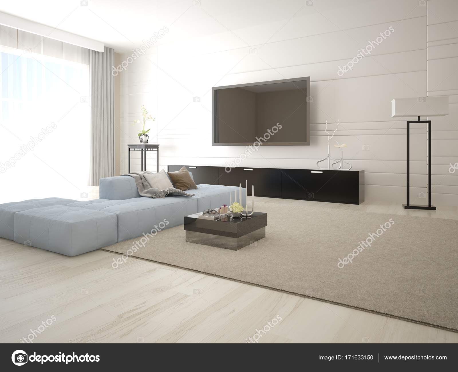Mock Up Poster Tv With A Large Corner Sofa Stock Photo
