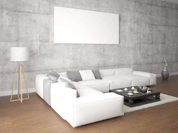 Vysmívat se stylovou obývací pokoj s velkou pohovku světlé. — Stock fotografie