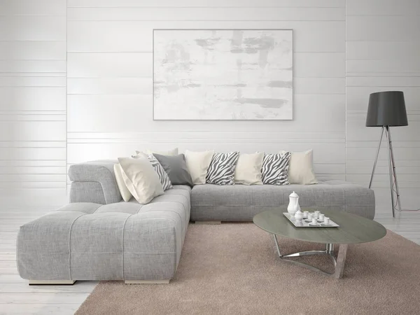 Mock op i stuen med en fashionabel komfortabel sofa . - Stock-foto