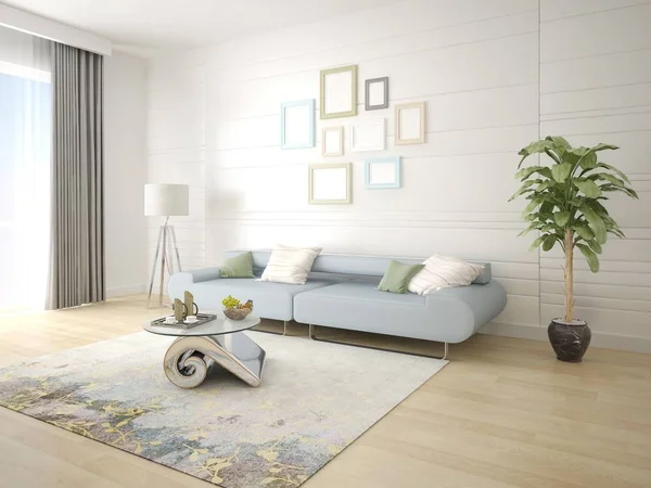 Mock up uma sala de estar brilhante com um sofá compacto . — Fotografia de Stock