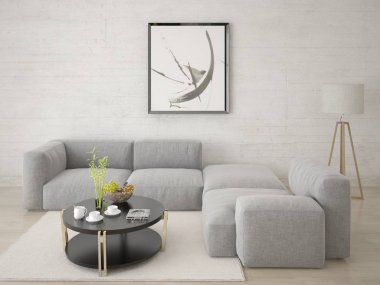 Bir rahat köşe kanepe ve hafif bir şık arka plan ile oturma odası kadar alay.