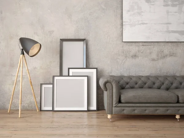 Deri kanepe ve yenilikçi arka plan ile modern bir oturma odası kadar alay.