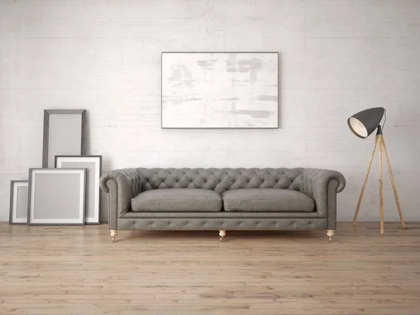 Mock up a fashionable living room with an antique sofa and a stylish floor lamp.