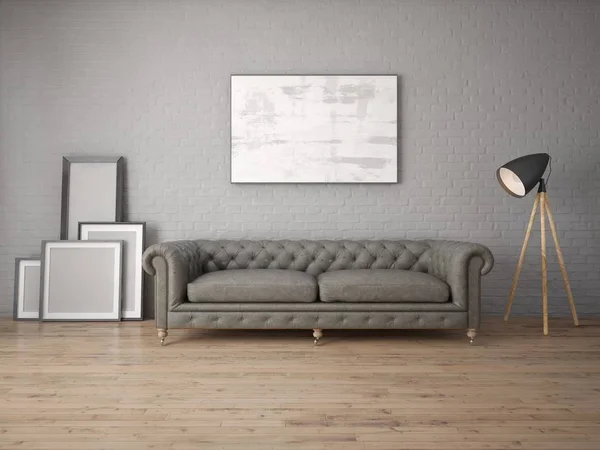 Mock Modern Living Room Leather Sofa Brick Wall Background — Stock Photo, Image