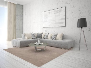 Poster oturma odası bir hipster arka plan gri köşe koltukta ile alay.