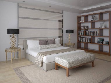 Şık rahat yatak ve şık lambaları şık yatak odası.