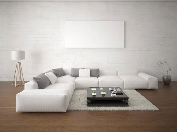 Mock Poster Spacious Living Room Corner Light Sofa Hipster Background — Stock Photo, Image