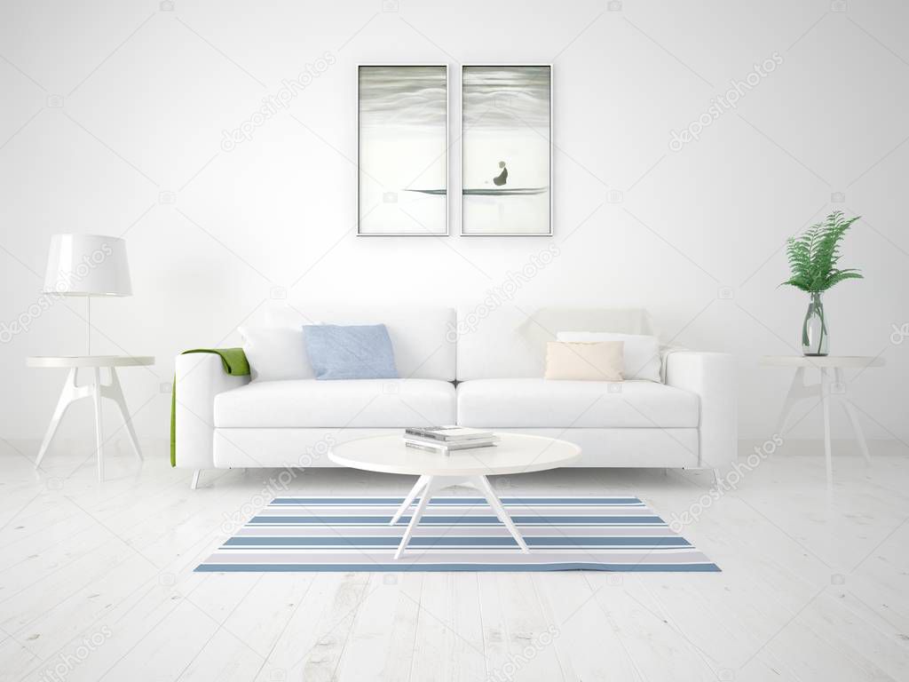 Mock up poster bright living room with a compact sofa and stylish frames.