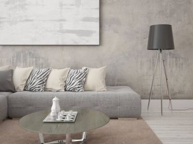 Bir gri köşe kanepe ve yenilikçi arka plan ile modern bir oturma odası kadar alay.