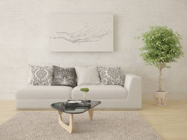 Bir rahat kompakt kanepe ve yenilikçi arka plan ile parlak bir oturma odası kadar alay.