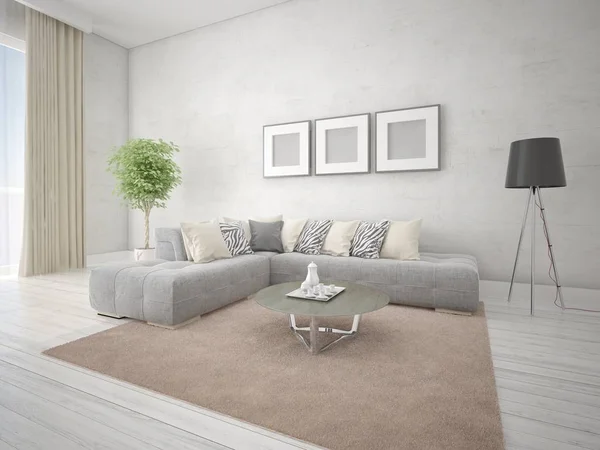 Mock Fashionable Living Room Gray Corner Sofa Light Hipster Background — Stock Photo, Image